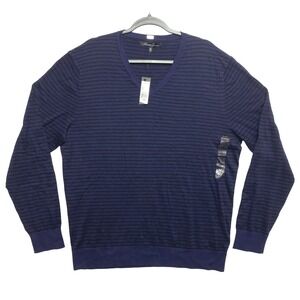 Kenneth Cole New York Sweater Mens XXL Navy Black Striped Knit Blend V-Neck